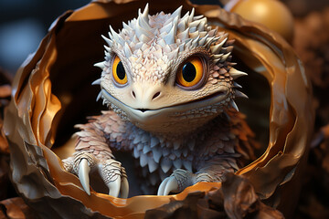 Poster - A hatchling with wide eyes emerging from its eggshell, evoking innocence  Generative AI technology.