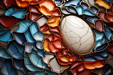 Poster - An artistic composition showcasing multiple eggshells at different stages of cracking, forming an intricate mosaic pattern.  Generative AI technology.