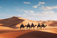 Pack Of People Riding Camel On The Sand Dune Dessert For Vacation.