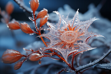 Poster - A spider web adorned with delicate frost crystals, capturing the essence of winter's chill.  Generative AI technology.