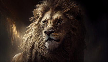 Lion of Judah, exuding strength and power. Christian conceptual illustration, lion in the sunset, Ai generated image 