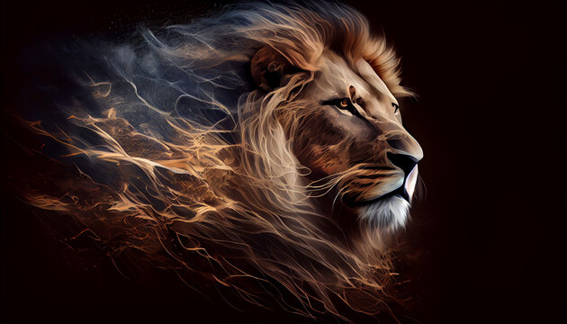 Lion of Judah, exuding strength and power. Christian conceptual illustration, lion in the sunset, Ai generated image 