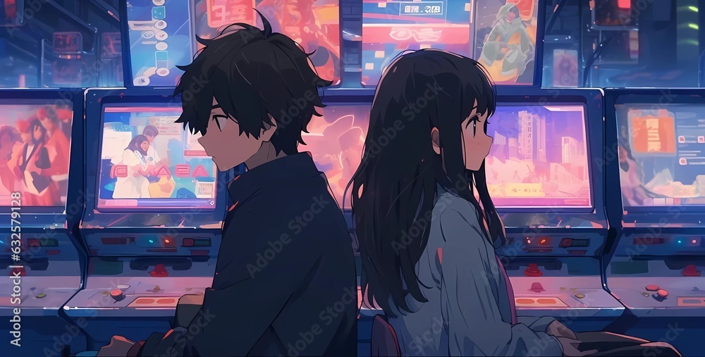 Young couple playing retro games in an arcade Stock Illustration ...
