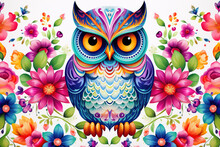 Image Of Pattern Design Using An Owl And Flowers And Leaves. Wildlife Animals. Bird. Illustration, Generative AI.