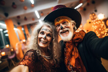 Biracial Senior Couple Dressed Up In Halloween Costume. A Man And Woman Went To A Halloween Party In Spooky Creations And Make Up. Dia De Muertos. Celebration Of Mexico's Day Of The Dead. Generated Ai