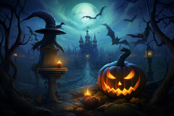 Wall Mural - Design an enchanting Halloween storybook cover, with pumpkins as the central characters, embarking on a magical adventure under the moonlit sky.
