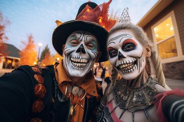 Senior couple dressed up in Halloween costume. A man and woman went to a Halloween party in spooky creations and make up. Dia de Muertos. Celebration of Mexico's Day of Dead. Generated Ai
