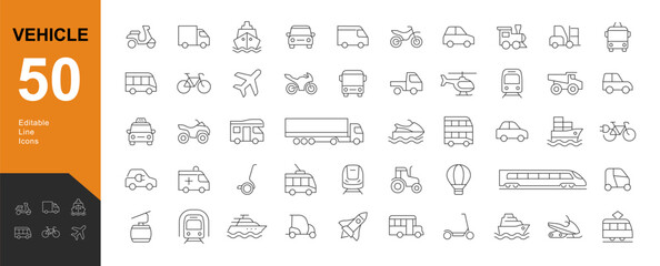 Vehicle Line Editable Icons set. Vector illustration in modern thin line style of transport icons types: taxi, train, helicopter, bus, ship, plane, tram and more.