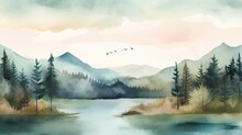 Serene Watercolor Painting Landscape With Tranquil Lake Amidst Rolling Hills