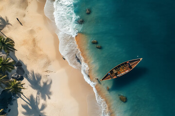 aerial view of the ocean waves with people and boat on seashore.