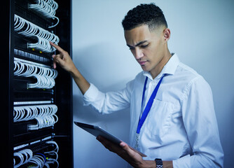 Aufkleber - Man, engineering and tablet in server room or data center inspection, system solution or cybersecurity management. Electrician person on digital technology by power cables, electricity or programming