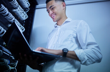 Aufkleber - Laptop, server room technician and happy man smile for cloud computing success, data center insight or online progress. Software program, information technology and person update system connection