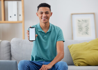 Aufkleber - Phone screen, mockup and smile with portrait of man for networking, social media and space. Internet, show and mobile app with person in living room of home for ui, communication and website offer