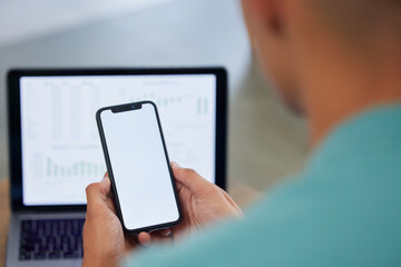 Fototapete - Phone screen, mockup and social media, app and communication with laptop and market statistics. Smartphone, UX and technology, person and data analysis with dashboard on pc and information with UI