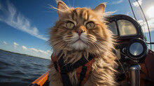 Le Chat Capitaine Qui Regarde à L’horizon Depuis Son Bateau En été