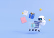 3DCG｜おすすめ商品をショッピングカートに入れて買い物をする人工知能AIロボット