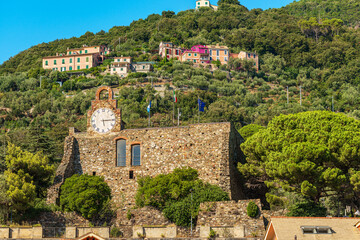 Poster - Ancient castle of the Bonassola village (XVI century), La Spezia, Liguria, Italy, Europe. The function of this castle was to defend against pirate attacks from the Ligurian sea (Mediterranean sea).