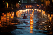 Craft A Visually Striking Scene Of A River Illuminated By Candlelit Boats, Symbolizing The Journey Of Souls On The Day Of The Dead." Generative AI