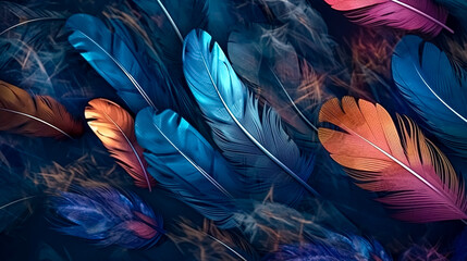 Wall Mural - Abstract dark background with colorful feathers, generative AI.