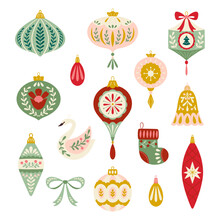 Vector Christmas Folk Art Ornaments Illustration Set