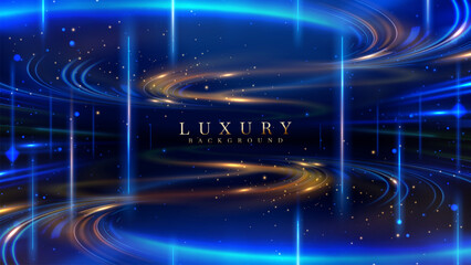 Wall Mural - Blue light effects and gold with bokeh decorations on dark scene. Luxury style background. Futuristic technology design concept.