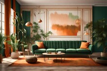A Stylish Modern Bohemian Living Room Interior Design With Green And Orange Tone Colors. 3d Rendering 