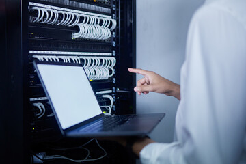 Aufkleber - Laptop, pointing hand and server room person, technician or programmer problem solving cloud computing network. Cybersecurity, mockup screen and closeup worker troubleshooting cable system connection