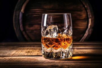 Wall Mural - Whiskey drinks. You need to drink whiskey with ice then the whiskey tastes better of an oak barrel. Alcoholic drink with ice whiskey or cognac close-up on the background of an oak barrel for aging.