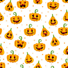 Cute Halloween pumpkins seamless pattern. Vector Happy Halloween print with smiling spooky carving faces pumpkins on white background. For wrapping, fabric, holiday decoration, textile