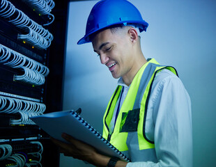 Aufkleber - Electrician, maintenance guide and control room, man with paperwork and power box with cable update and engineering. Documents, service and technician, energy supply and assessment with electricity