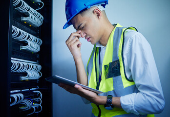 Aufkleber - Electrician, tablet and control room, man with headache and technology, power box with upgrade and health crisis. Migraine, overworked and male technician, energy supply check with digital assessment