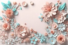 3d Render, Horizontal Floral Pattern. Abstract Cut Paper Flowers Isolated On White, Botanical Background. Rose, Daisy, Dahlia, Butterfly, Leaves In Pastel Colors. Modern Decorative Handmade Design 3d 
