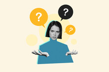 Composite Collage Image Of Confused Black White Effect Girl Question Mark Mind Bubble Isolated On Painted Background