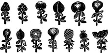 Stylized Fruits In Linocut Style, Organic Shapes, Minimalism, Rustic Style. Vector Set Of Isolated Elements For Design