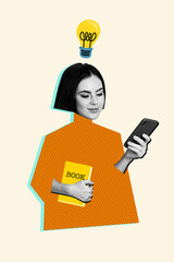 Poster - Vertical collage of black white colors girl hand hold smart phone book light bulb above head isolated on beige creative background