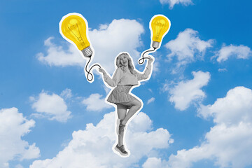 Poster - Photo picture 3d collage of happy charming girl clever student have brilliant idea hold two lamp bulbs isolated on blue sky background