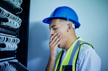 Aufkleber - Electrician, control room with man yawning, tired with tablet and tech, power box with update and burnout. Fatigue, overworked and stress of technician with energy supply check and digital assessment