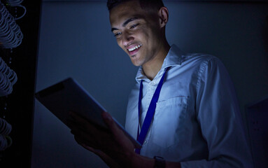 Aufkleber - Man, tablet engineering and server room or data center management, system solution or cybersecurity at night. Happy, electrician person on digital tech with power, electricity or programming in dark