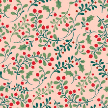 Vector Christmas Seamless Pattern With Red Berry Branches