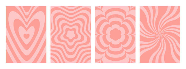 Groovy poster 70s with waves of rays, flowers, geometric shapes of hexagon and stars, pink  psychedelic patterns. Vector Set of abstract backgrounds