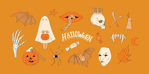 Helloween. Vector icon and element collection for Helloween greeting card and poster, party sign. Flat design cartoon element.