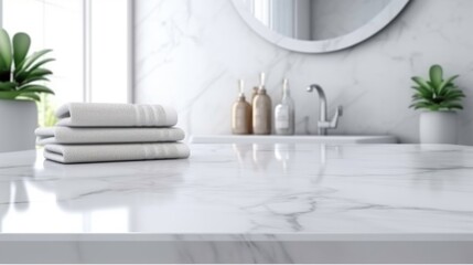 An empty white marble countertop on the white blurred interior of the bathroom. Generated by AI