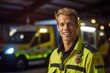 Portrait of a smiling male paramedic of a blurred ambulance background. Generated by AI