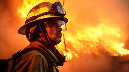 Firefighter in fire fighting operation, fireman in protective clothing and helmet with equipment in action fighting, wearing a fire suit for safety under the danger case.Generative AI