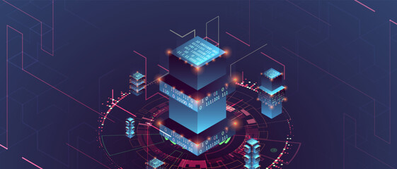 Smart city. Isometric big data concept, database.  Abstract technology background.