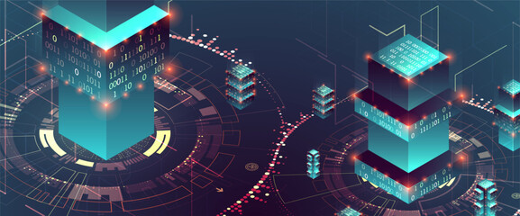 Smart city. Isometric big data concept, database.  Abstract technology background.