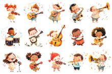 Collection Of Children Playing Musical Instruments And Singing Song In Cartoon Style. Sticker Clipart, Isolated Watercolor Illustrations. Generative AI