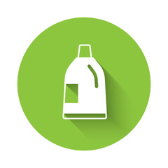 Canvas Print - White Plastic bottle for laundry detergent, bleach, dishwashing liquid or another cleaning agent icon isolated with long shadow background. Green circle button. Vector