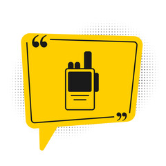 Poster - Black Walkie talkie icon isolated on white background. Portable radio transmitter icon. Radio transceiver sign. Yellow speech bubble symbol. Vector