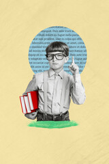 Poster - Poster creative collage banner of serious schoolchild little genius raise finger up great idea for school project